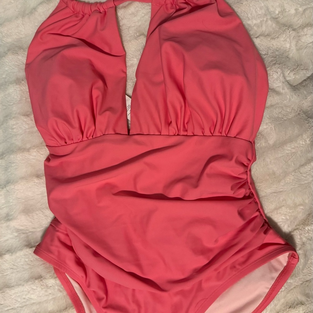 Cupshe one-piece swimsuit. Low cut, halter, high cut thigh. Pink Coral. 0X.